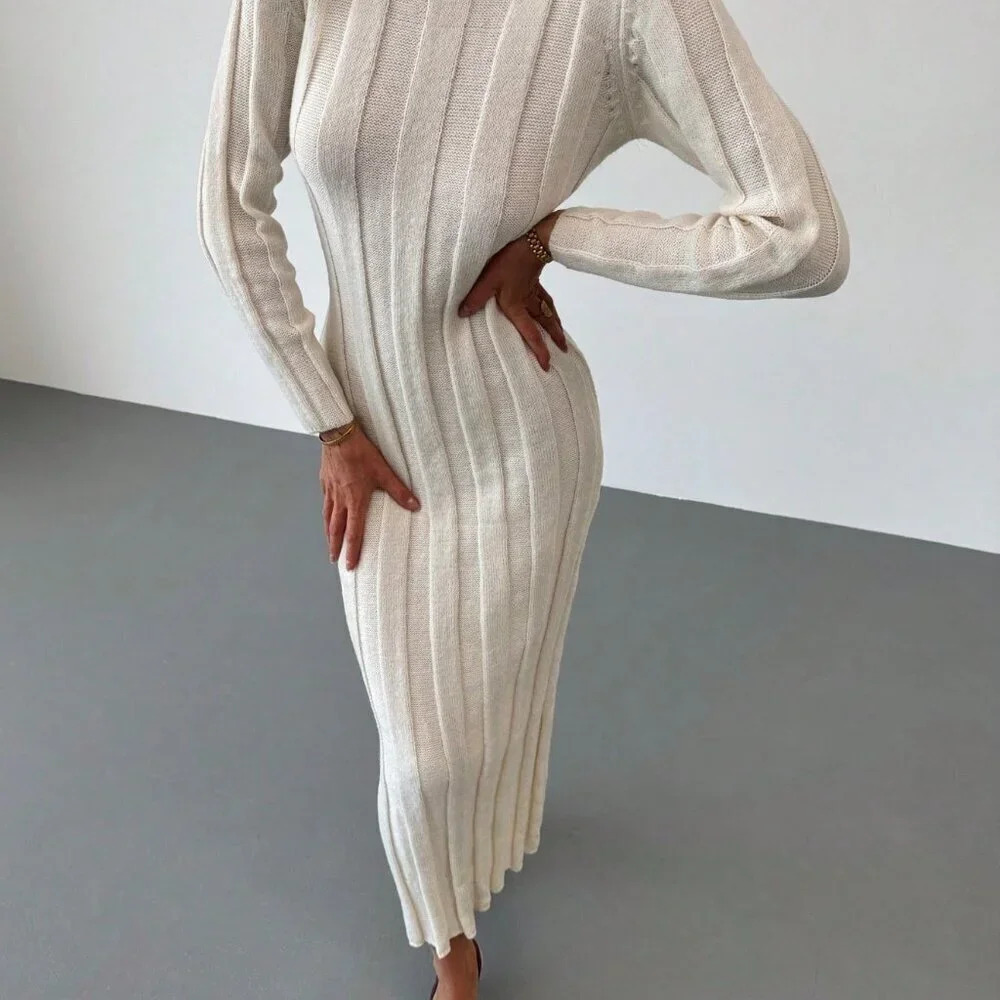 Beige Elegant Women's Crew Neck Long Warm & Comfortable Knit Casual Dress - Picture 6 of 9